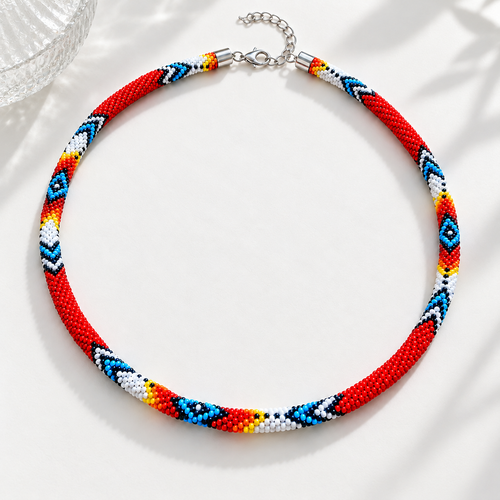 Red Beaded Long Necklace Handmade Native American Style for Women