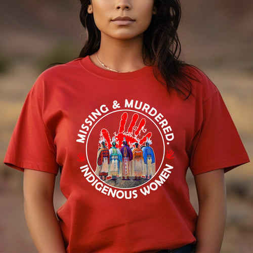 a woman wearing a red t - shirt that says nursing and murdered indigenous women