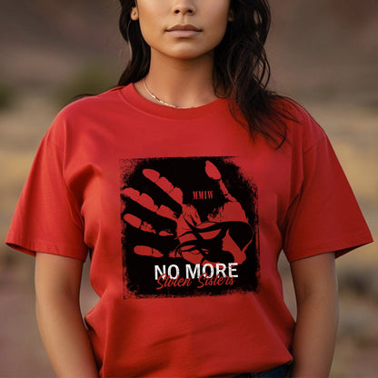 a woman wearing a red t - shirt with the words no more