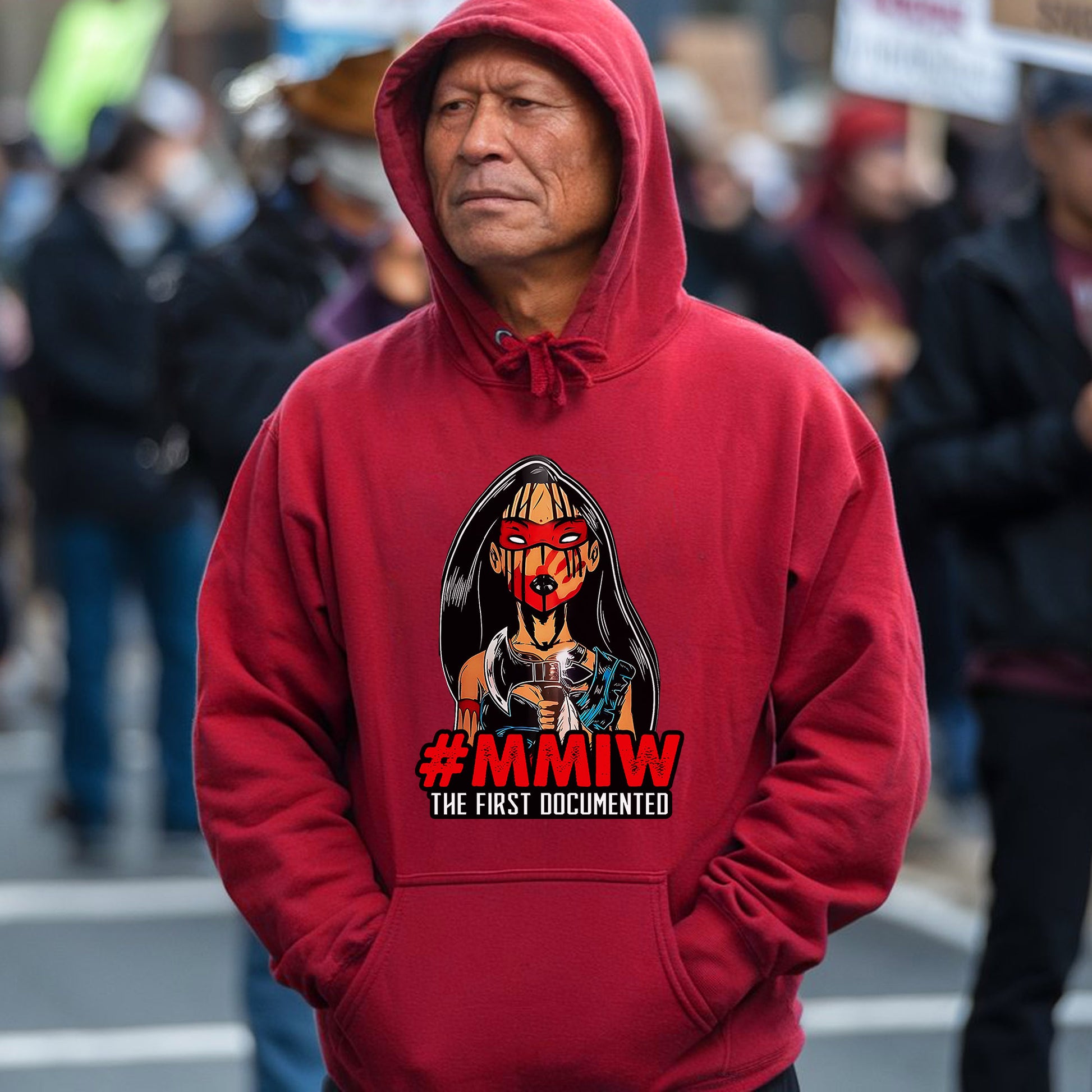 a man wearing a red hoodie with an image of a woman on it