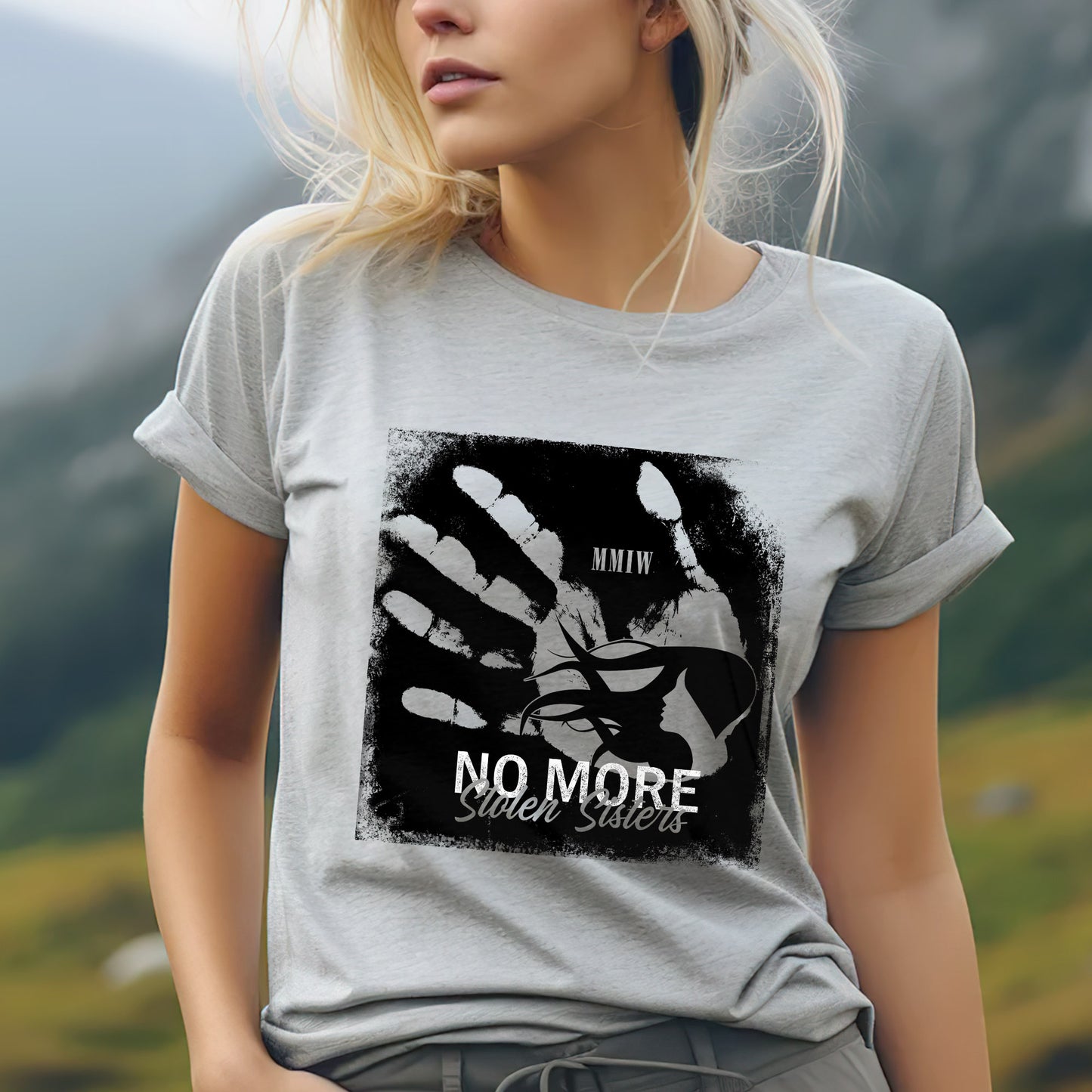 a woman wearing a t - shirt that says no more