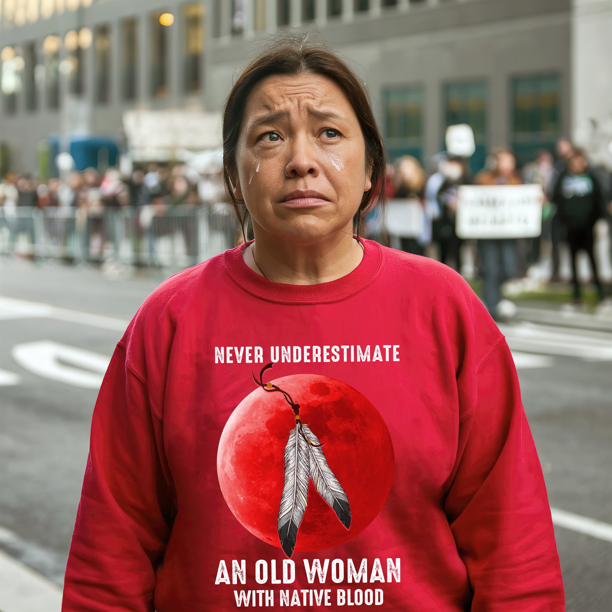 a woman wearing a red shirt with a feather on it