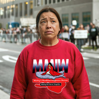 a woman in a red shirt is standing on the street