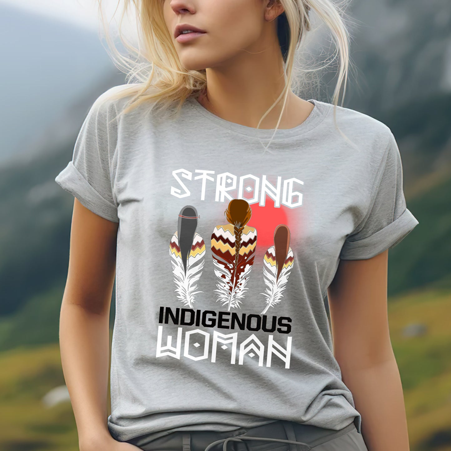 a woman wearing a t - shirt that says strong indigenous woman