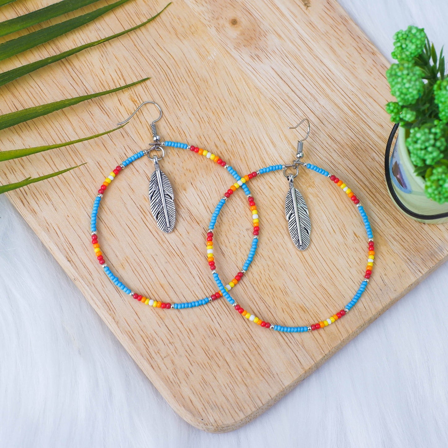 SALE 50% OFF - Blue Round Pattern Beaded Handmade Hoop Earrings For Women