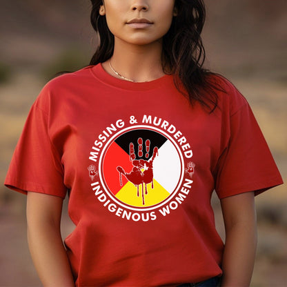 a woman wearing a red t - shirt that says missing & murdered indigenous women