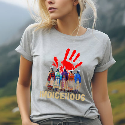 a woman wearing a grey t - shirt with a picture of a group of people