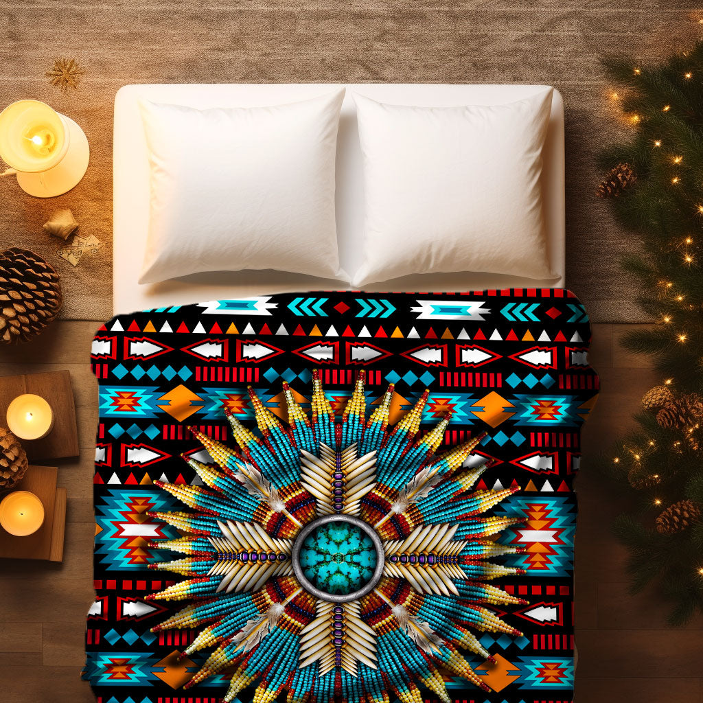 Sacred Feather Mandala Native Spirit Turquoise Tribal Throw Decor Fleece Blanket