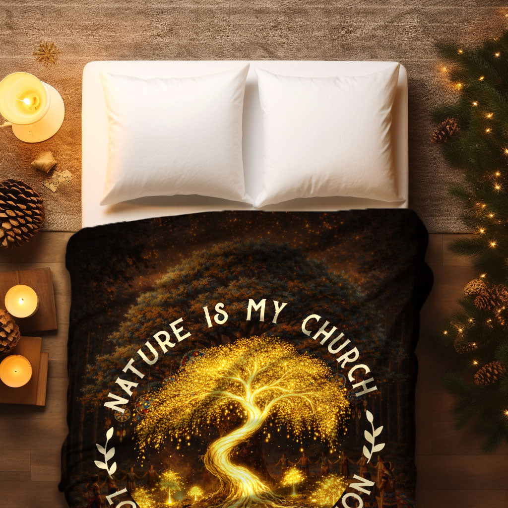 "Nature Is My Church, Love Is My Religion" - Mystical Glowing Tree Design For Blanket Soft and Warm
