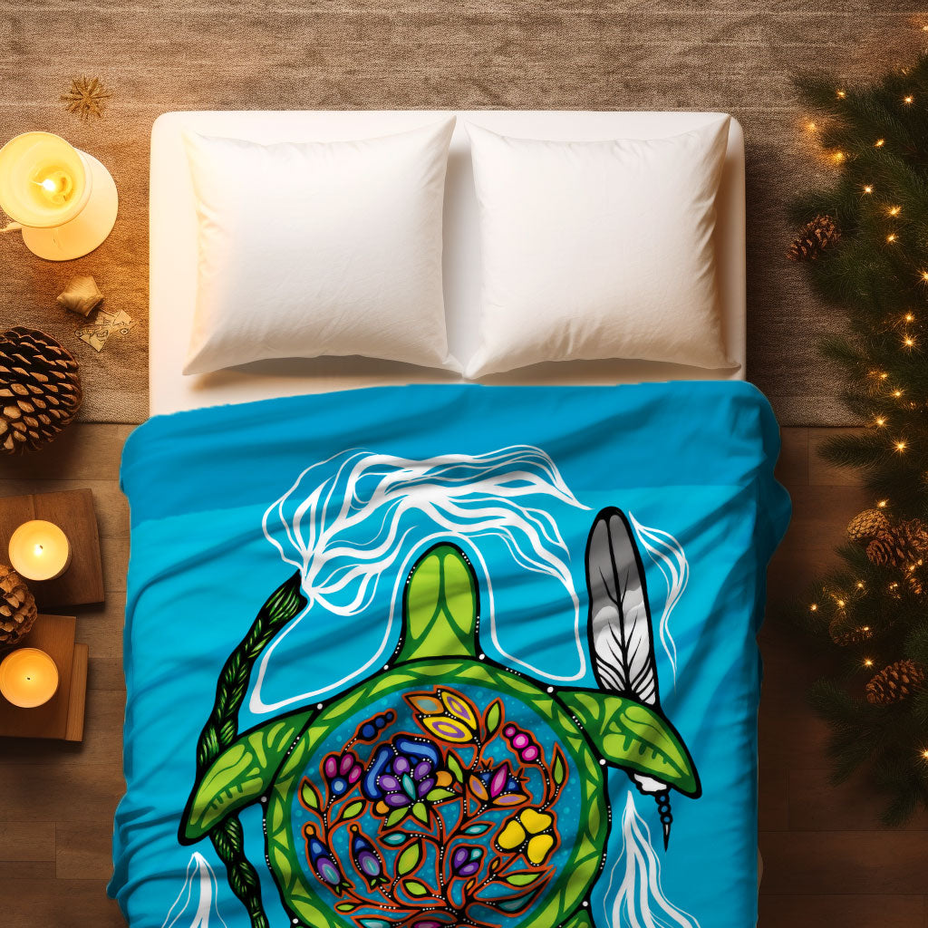 Native American Turtle Fleece Blanket, Indigenous Spirit Gift