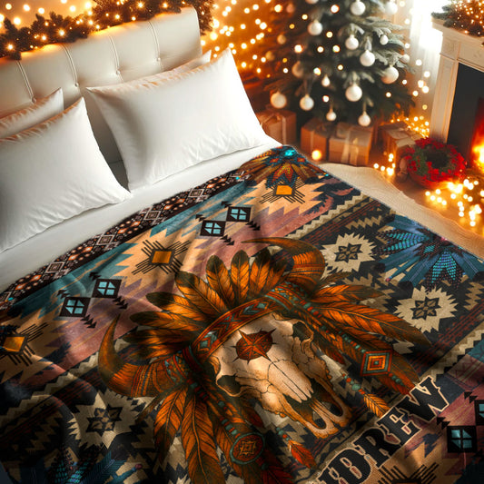 Custom Native American Buffalo Skull Tribal Fleece Blanket