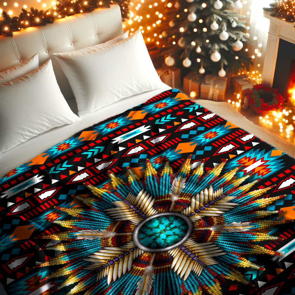 Sacred Feather Mandala Native Spirit Turquoise Tribal Throw Decor Fleece Blanket