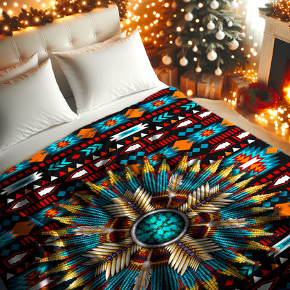 Sacred Feather Mandala Native Spirit Turquoise Tribal Throw Decor Fleece Blanket