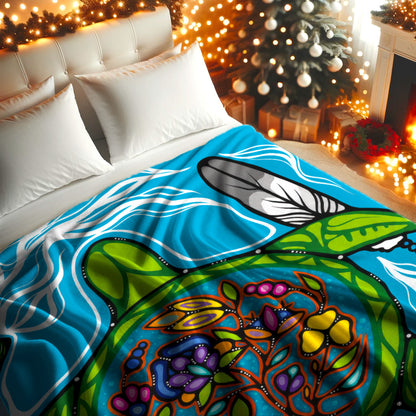 Native American Turtle Fleece Blanket, Indigenous Spirit Gift