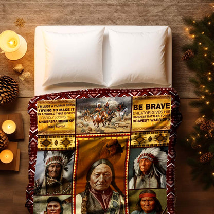 Native American Be Brave Chief Warriors Throw Fleece Blanket - Cultural Indian Heritage