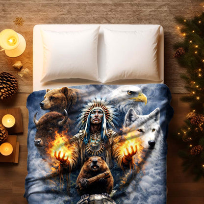 Native American Spirit Animal - Chief with The Seven Teachings Design for Blanket