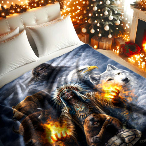 Native American Spirit Animal - Chief with The Seven Teachings Design for Blanket