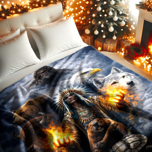 Native American Spirit Animal - Chief with The Seven Teachings Design for Blanket