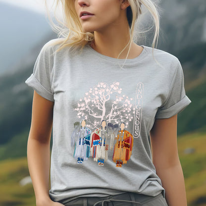 a woman wearing a t - shirt with a tree on it