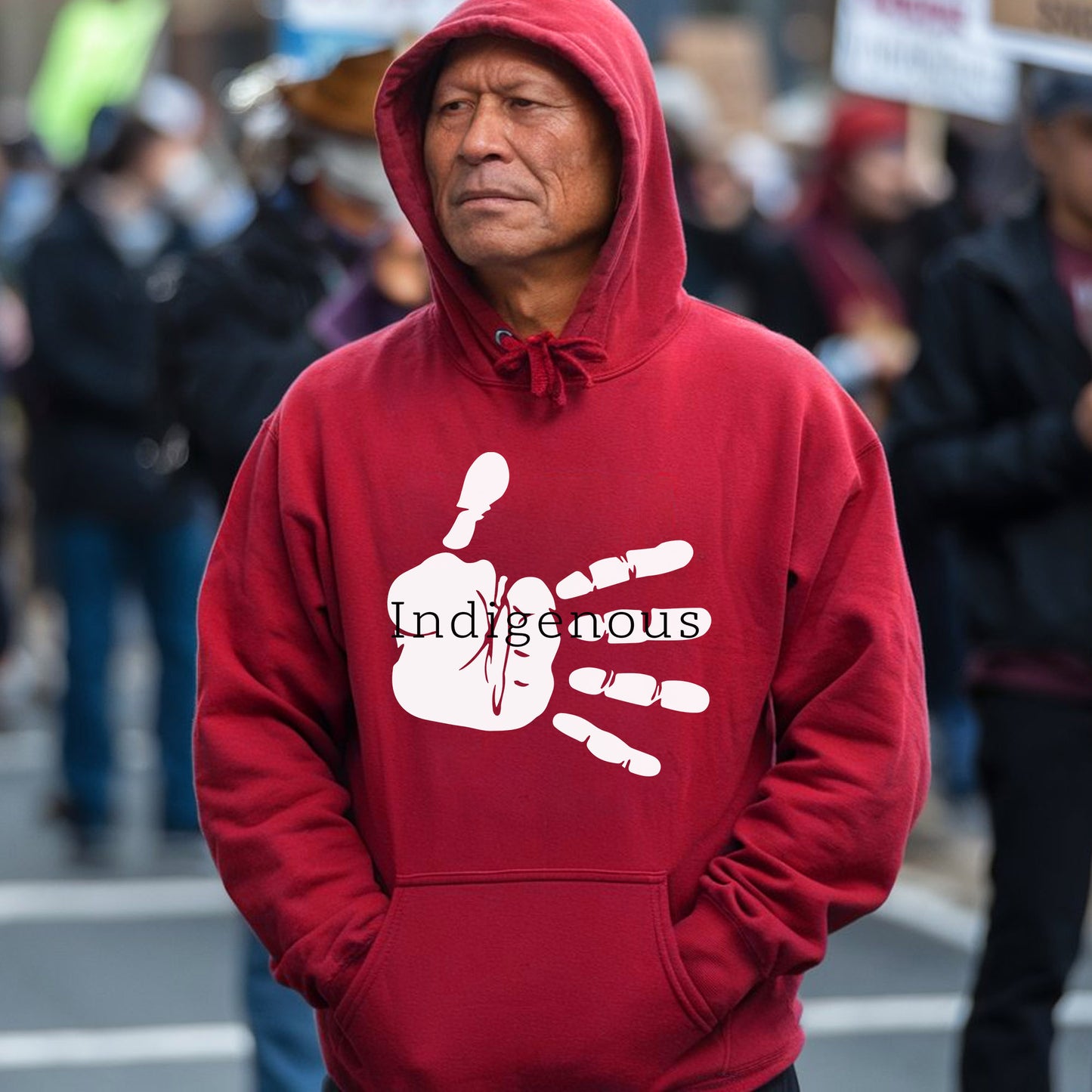 a man wearing a red hoodie with a hand print on it