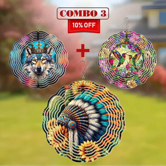 [COMBO 3 ] Colorful Wind Spinner Chief Headdress + Dreamcatcher +Hummingbirds Native American