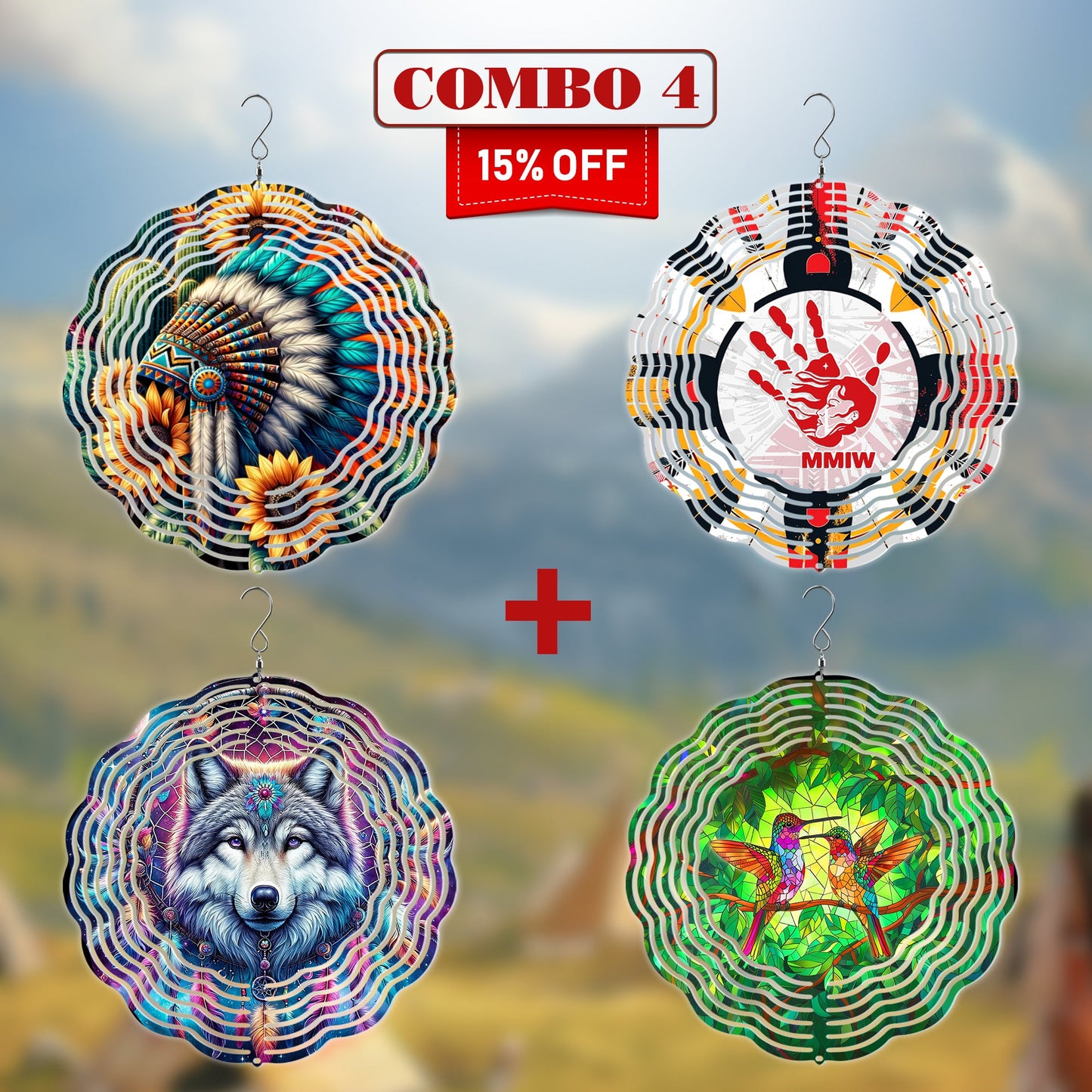 [COMBO 4 ] Colorful Wind Spinner Chief Headdress + MMIW + Wolf + Hummingbirds Native American