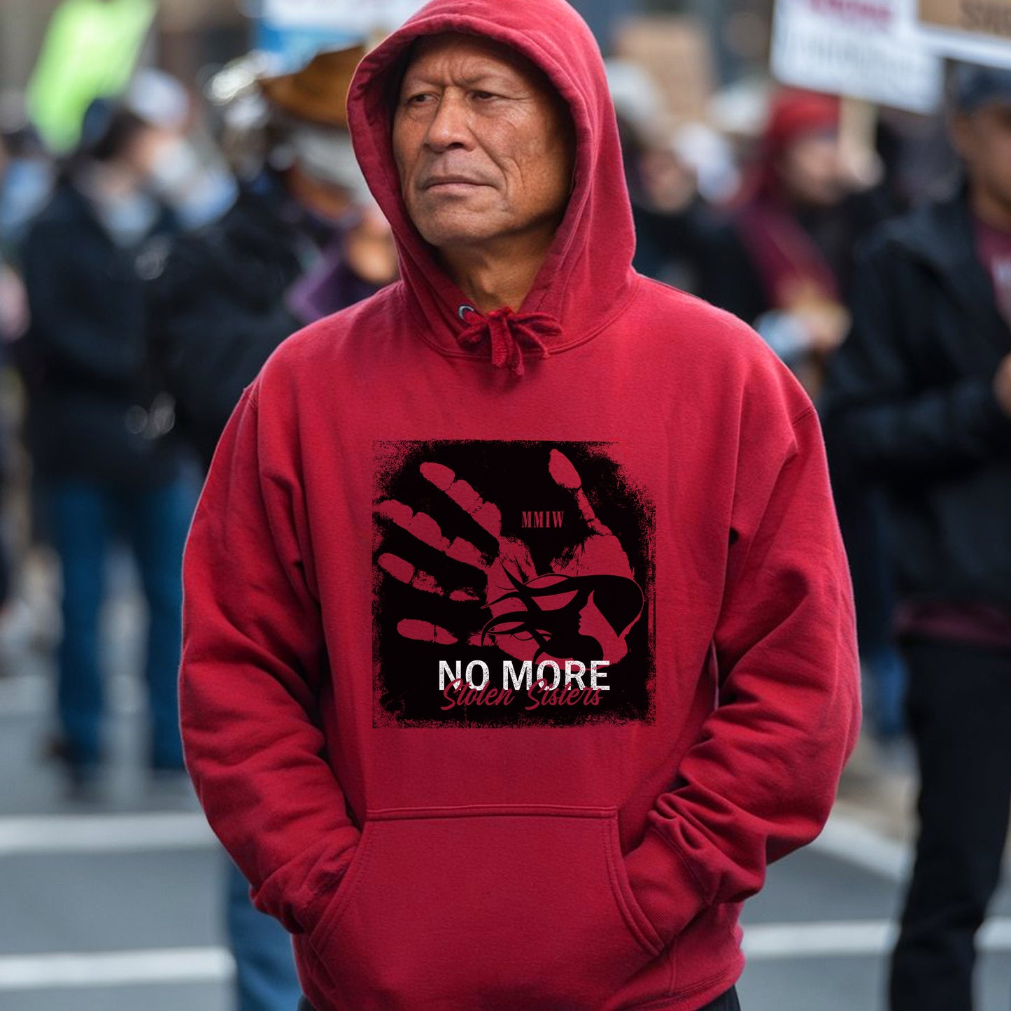 a man wearing a red hoodie with a no more sign on it