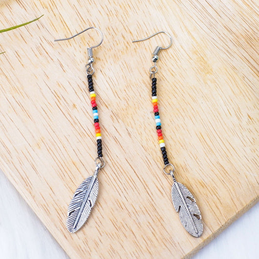 SALE 50% OFF - Black Stick with Metal Feather Beaded Handmade Earrings For Women