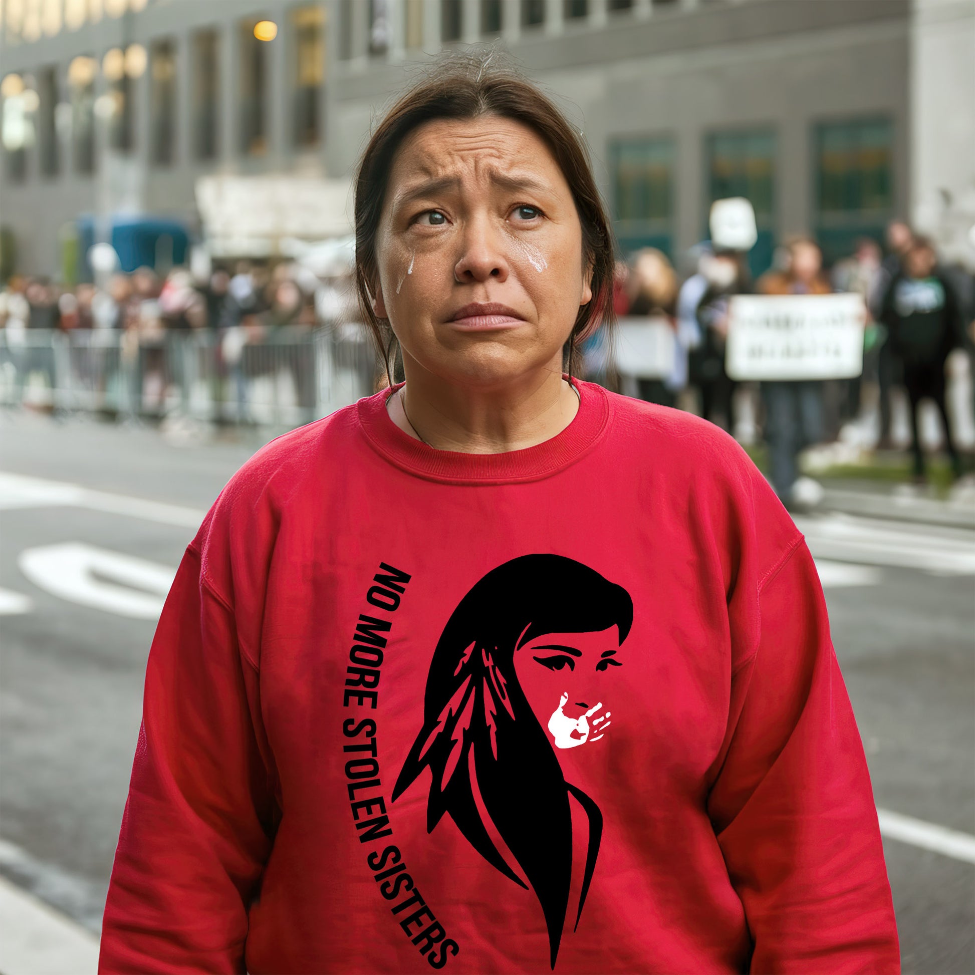 a woman in a red shirt is standing on the street