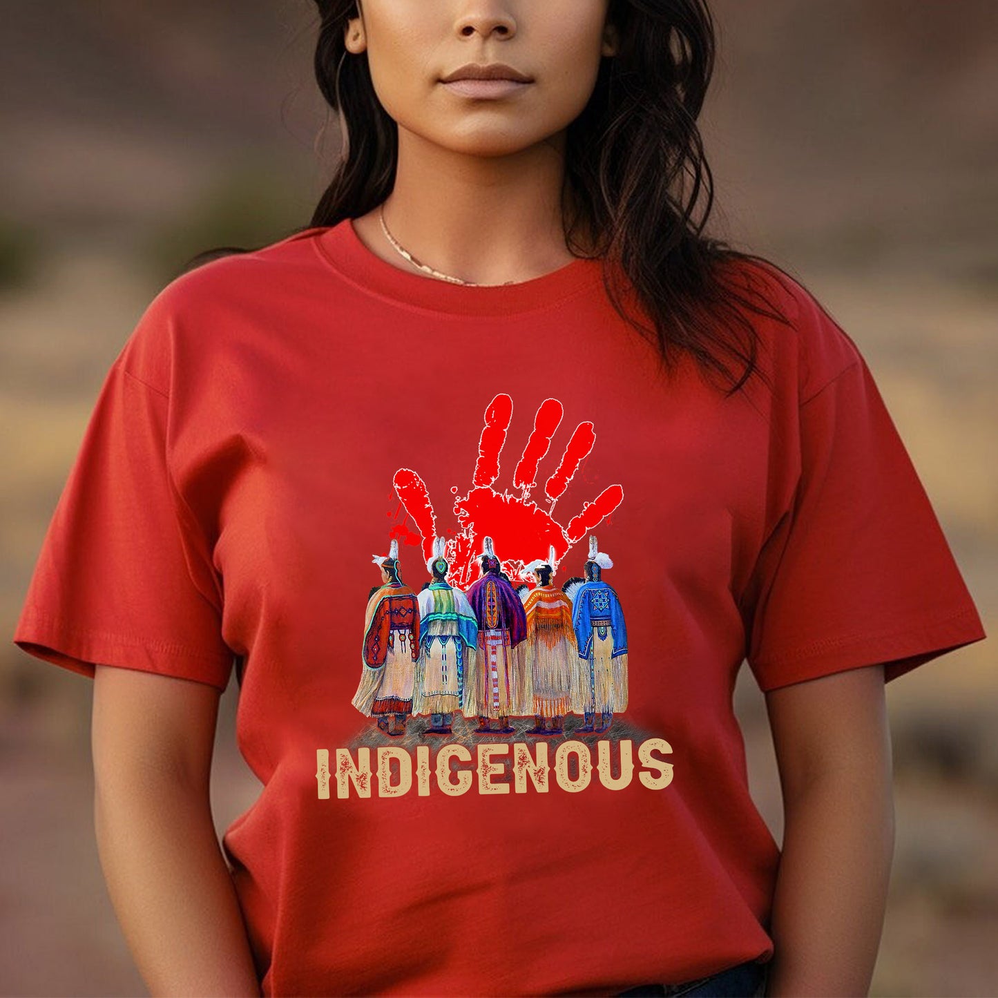 a woman wearing a red shirt with a hand print on it