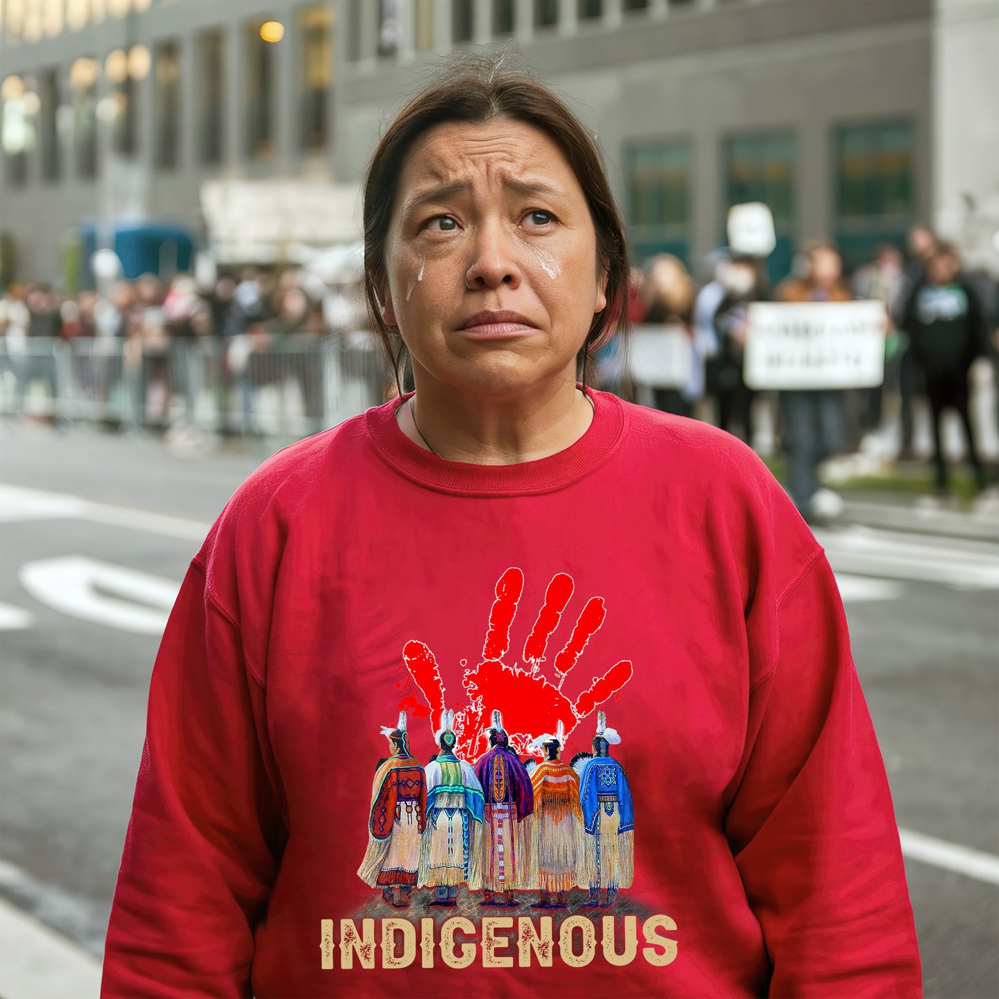 a woman in a red shirt standing on a street