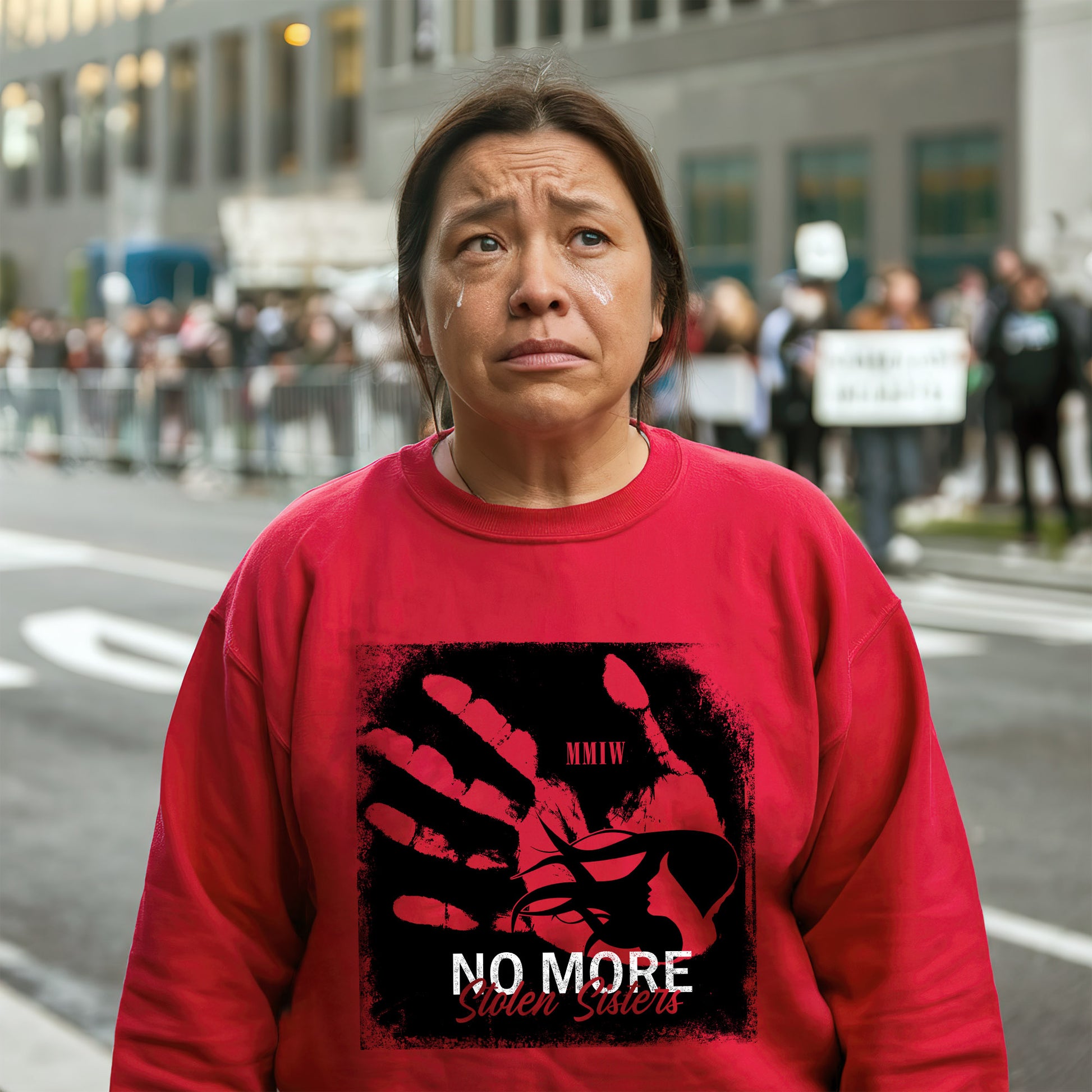 a woman in a red shirt is standing on the street