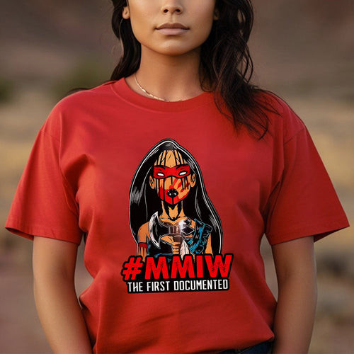 a woman wearing a red t - shirt with a picture of a woman holding a