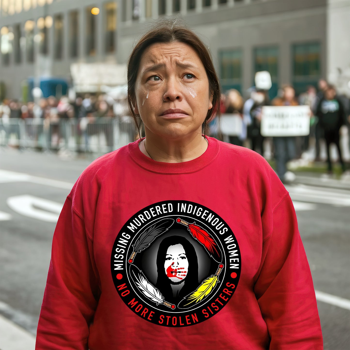 a woman in a red shirt is standing on the street