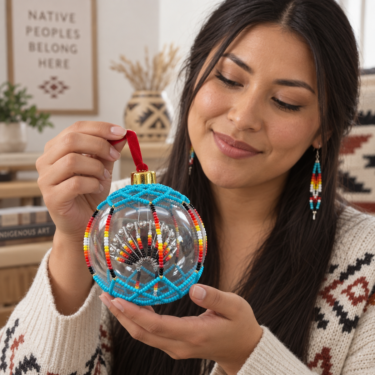 Red Beaded Christmas Ornament - Handmade Native Decor