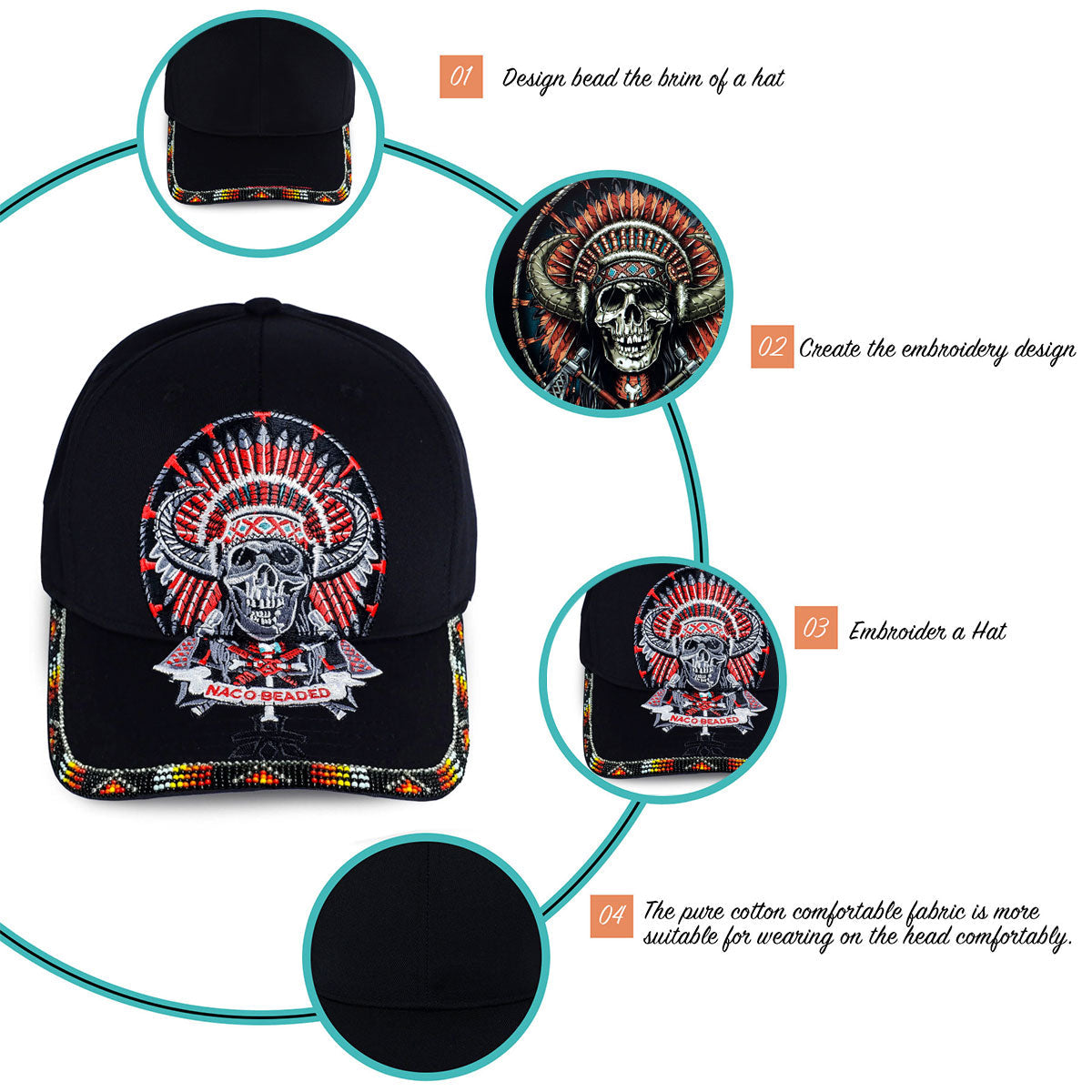 SALE 50% OFF - Skull Headdress Embroidered Beaded Baseball Cap With Brim Unisex Native American Style