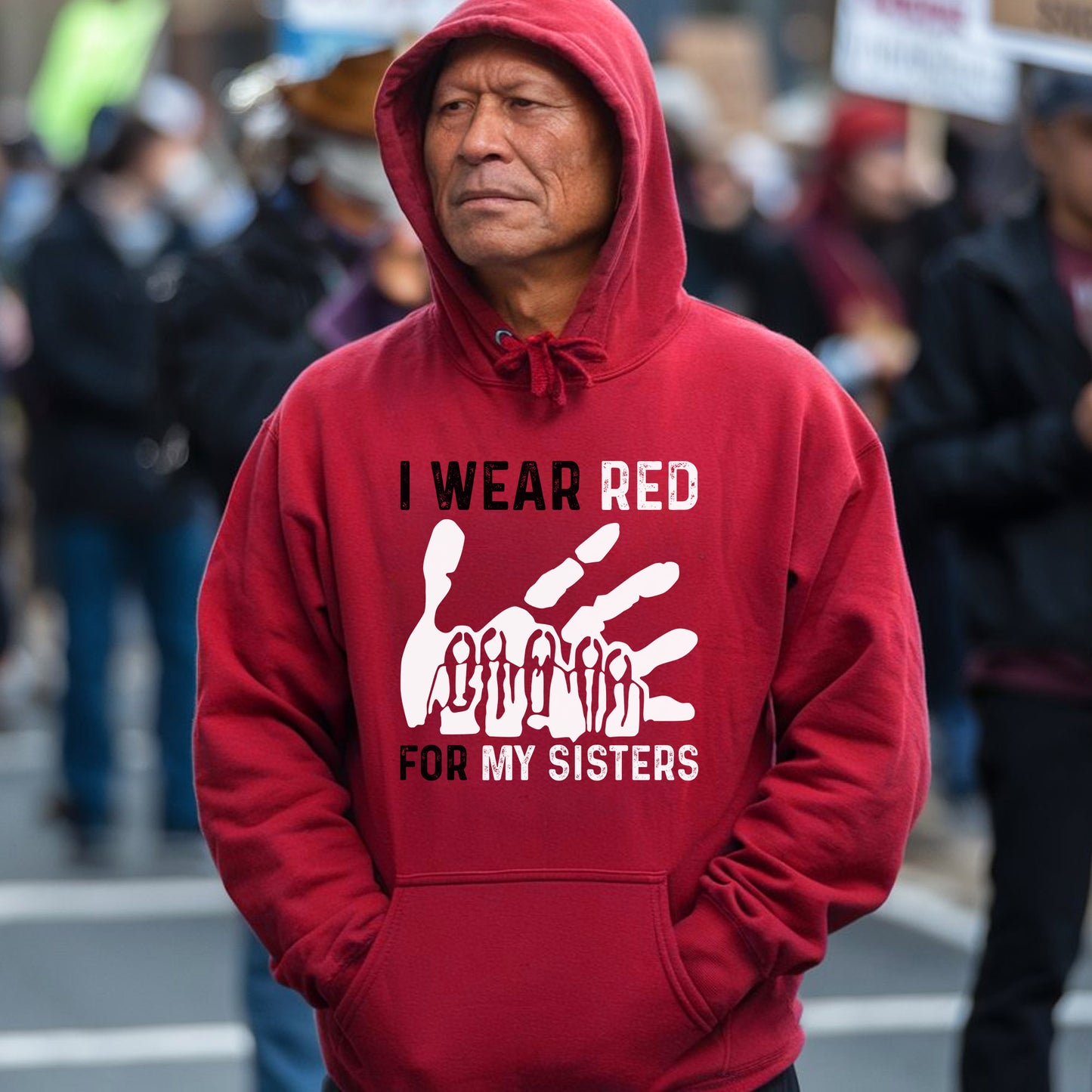 a man in a red hoodie is standing in the street