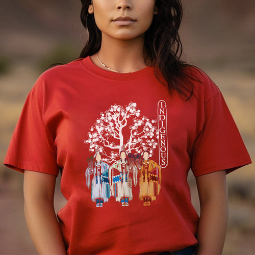 a woman wearing a red shirt with a tree on it