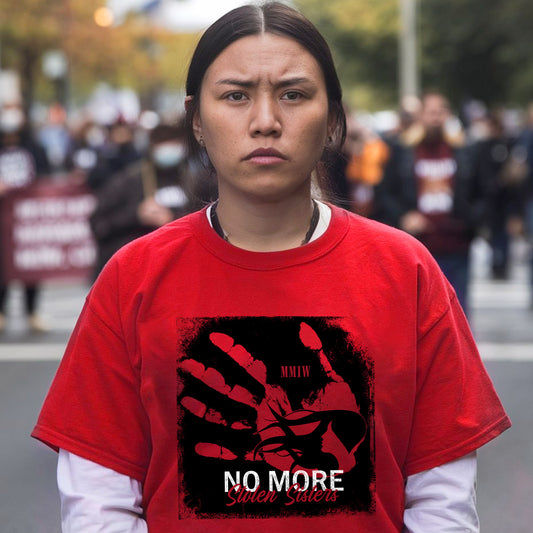 a woman in a red shirt is standing on the street