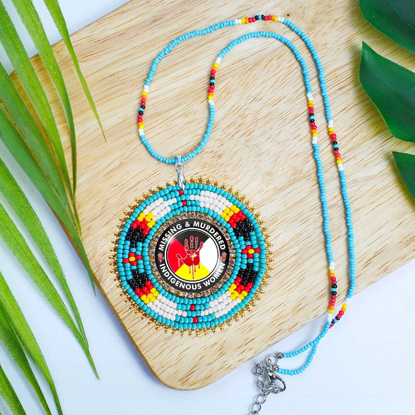 SALE 50% OFF - MMIW Feathers Handmade Glass Beaded Patch Necklace Pendant