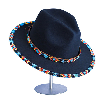 SALE 50% OFF - Dark Blue Pattern Fedora Hatband for Men Women Beaded Brim with Native American Style