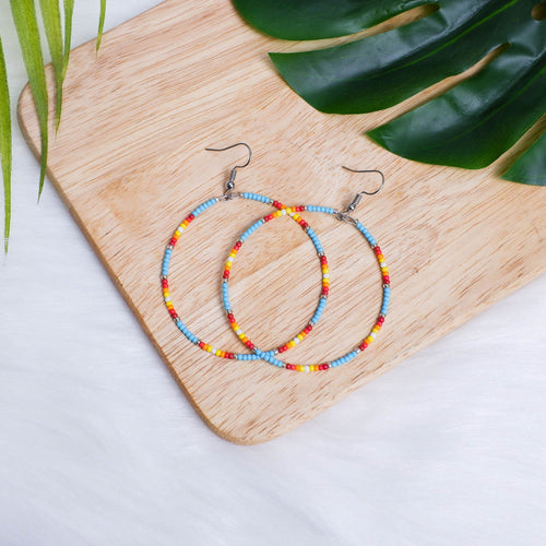 SALE 50% OFF - Blue Round Pattern Beaded Handmade Hoop Earrings For Women