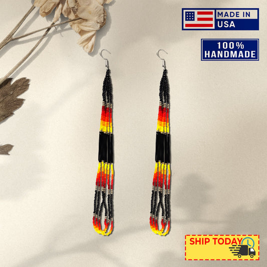 Black Fire Color Long Pattern Beaded Handmade Earrings For Women