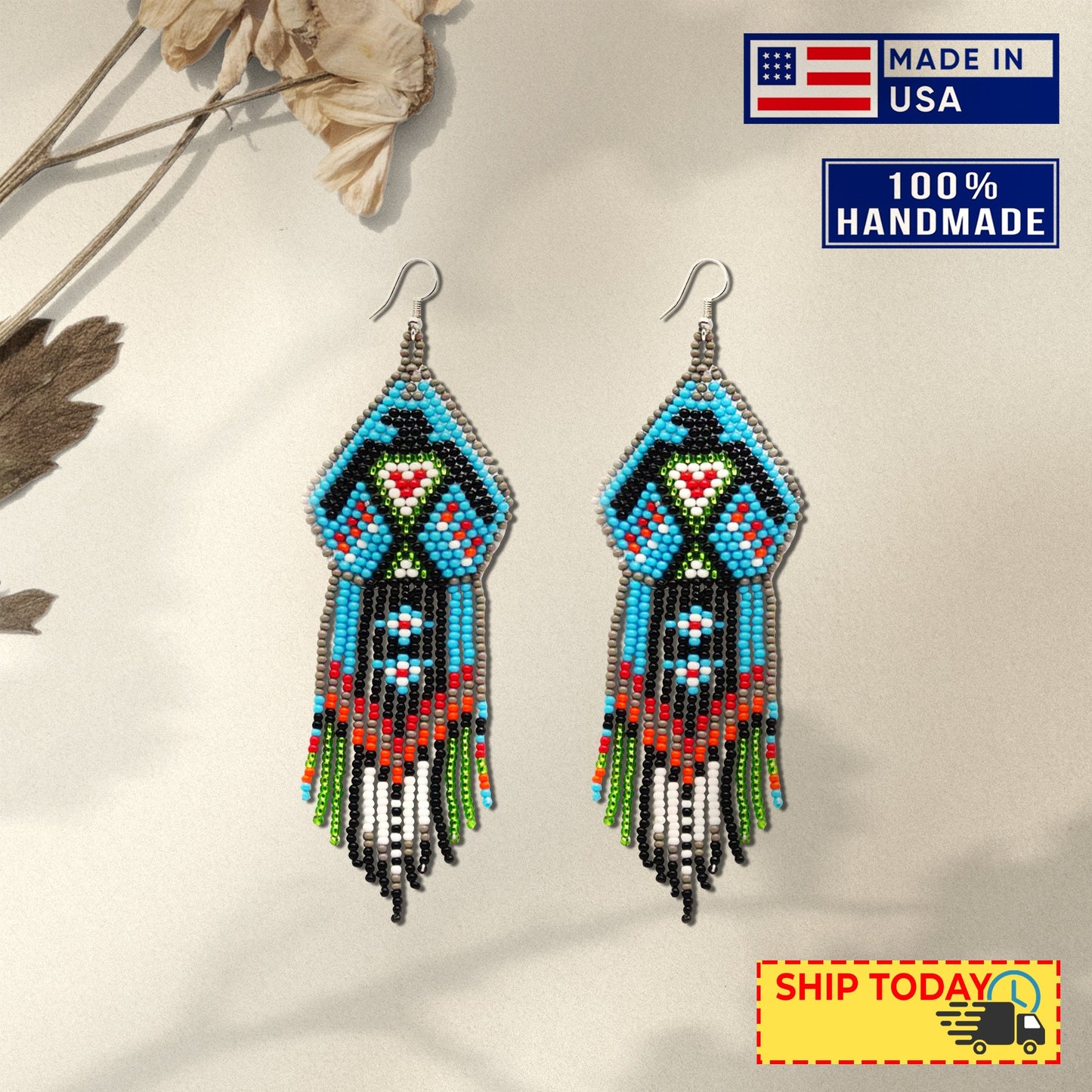 Blue Black Eagle Beaded Handmade Earrings For Women