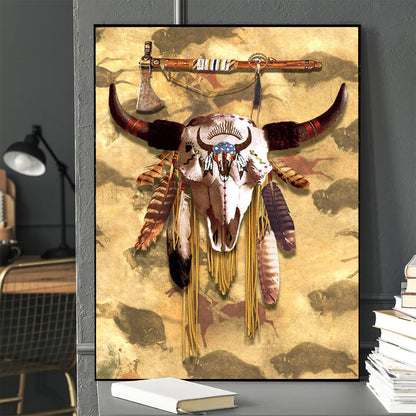 Buffalo Head Skull Feather Mark Poster/Canvas