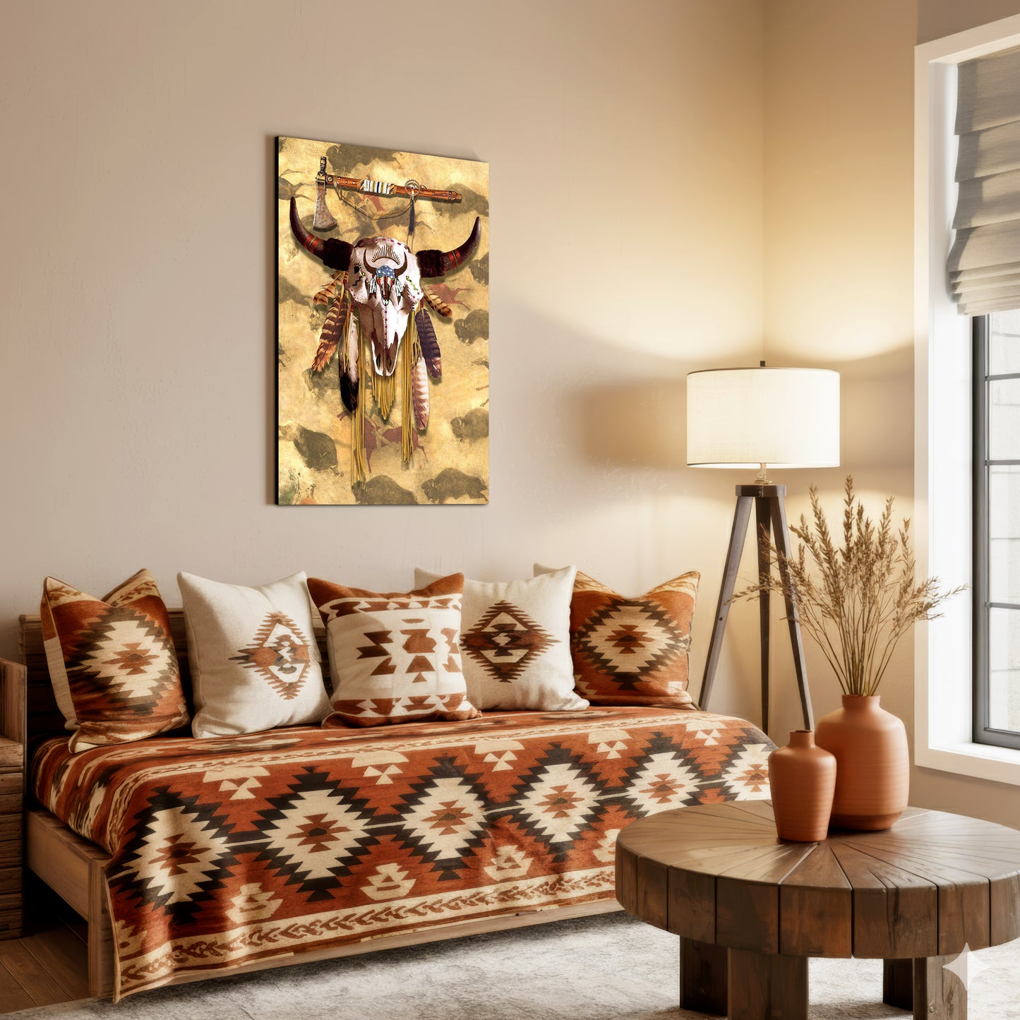 Buffalo Head Skull Feather Mark Poster/Canvas
