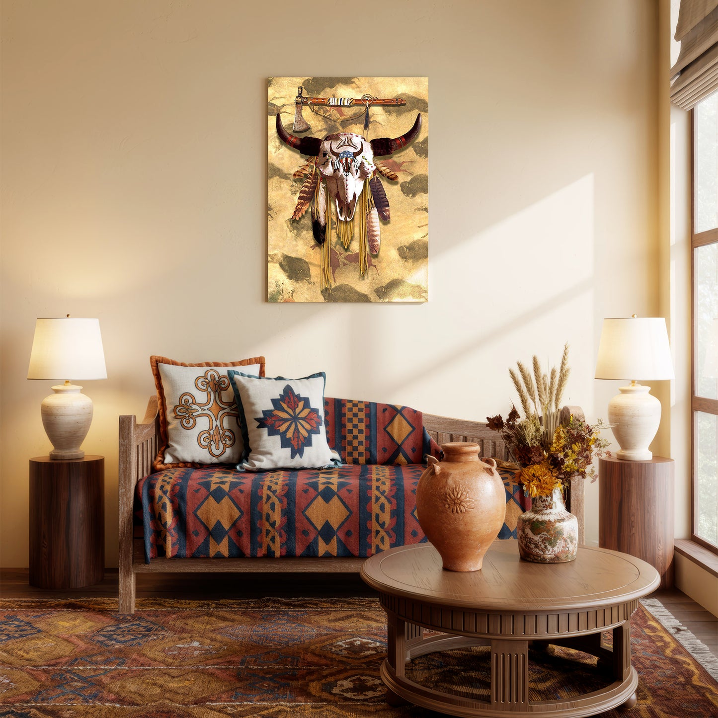 Buffalo Head Skull Feather Mark Poster/Canvas