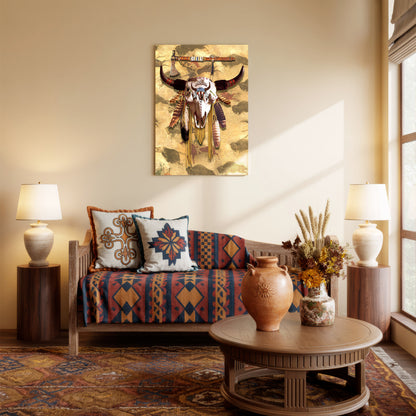 Buffalo Head Skull Feather Mark Poster/Canvas