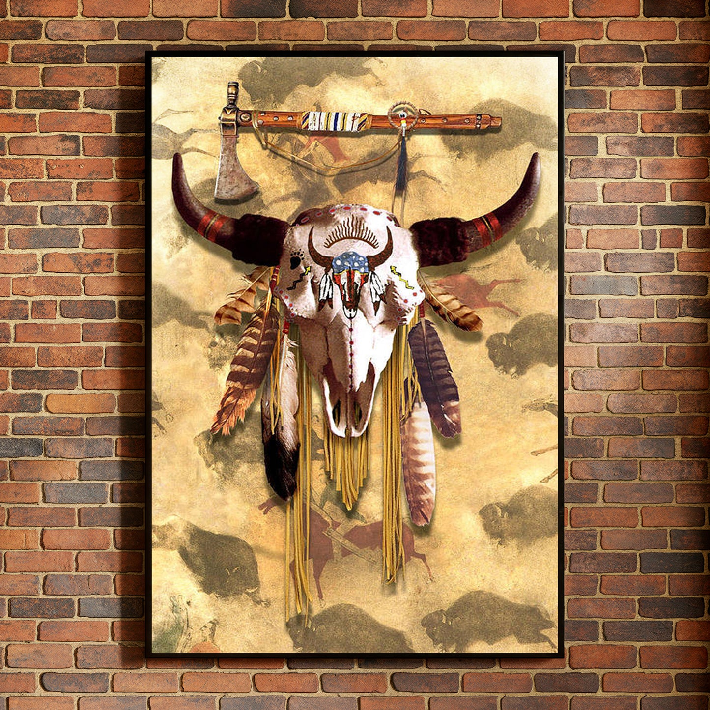 Buffalo Head Skull Feather Mark Poster/Canvas