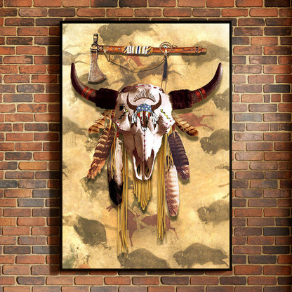 Buffalo Head Skull Feather Mark Poster/Canvas